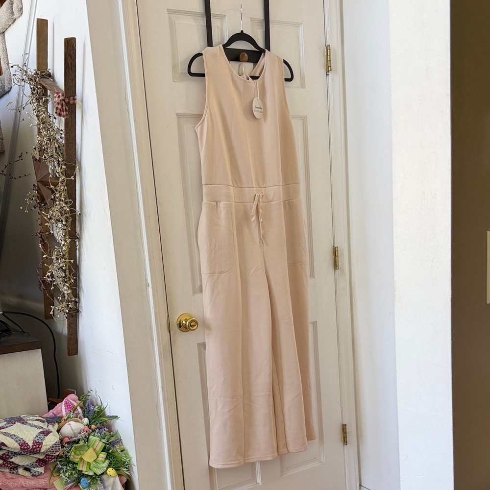 Sleeveless Cream Drawstring Wide-Leg Jumpsuit